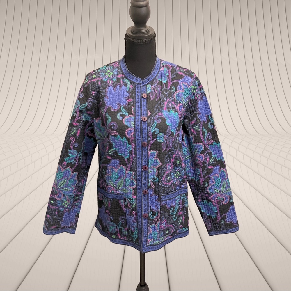 Vintage Reversible Colorful Boho Quilted Jacket with Floral Pattern Size M
